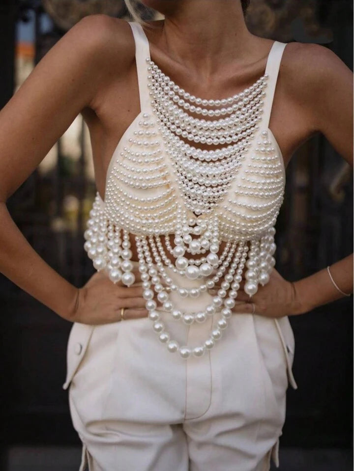 1Pcs High Luxury Women's Faux Pearl Vest Body Chain Classy Spaghetti Strap Top