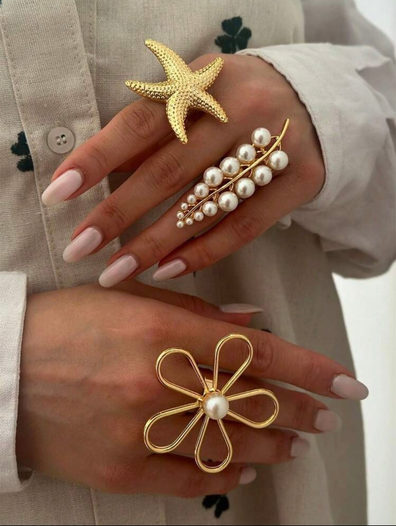 3 pc Trendy Exaggerated Metal Luxe Flower, Wheat Ear & Starfish Shaped Ring