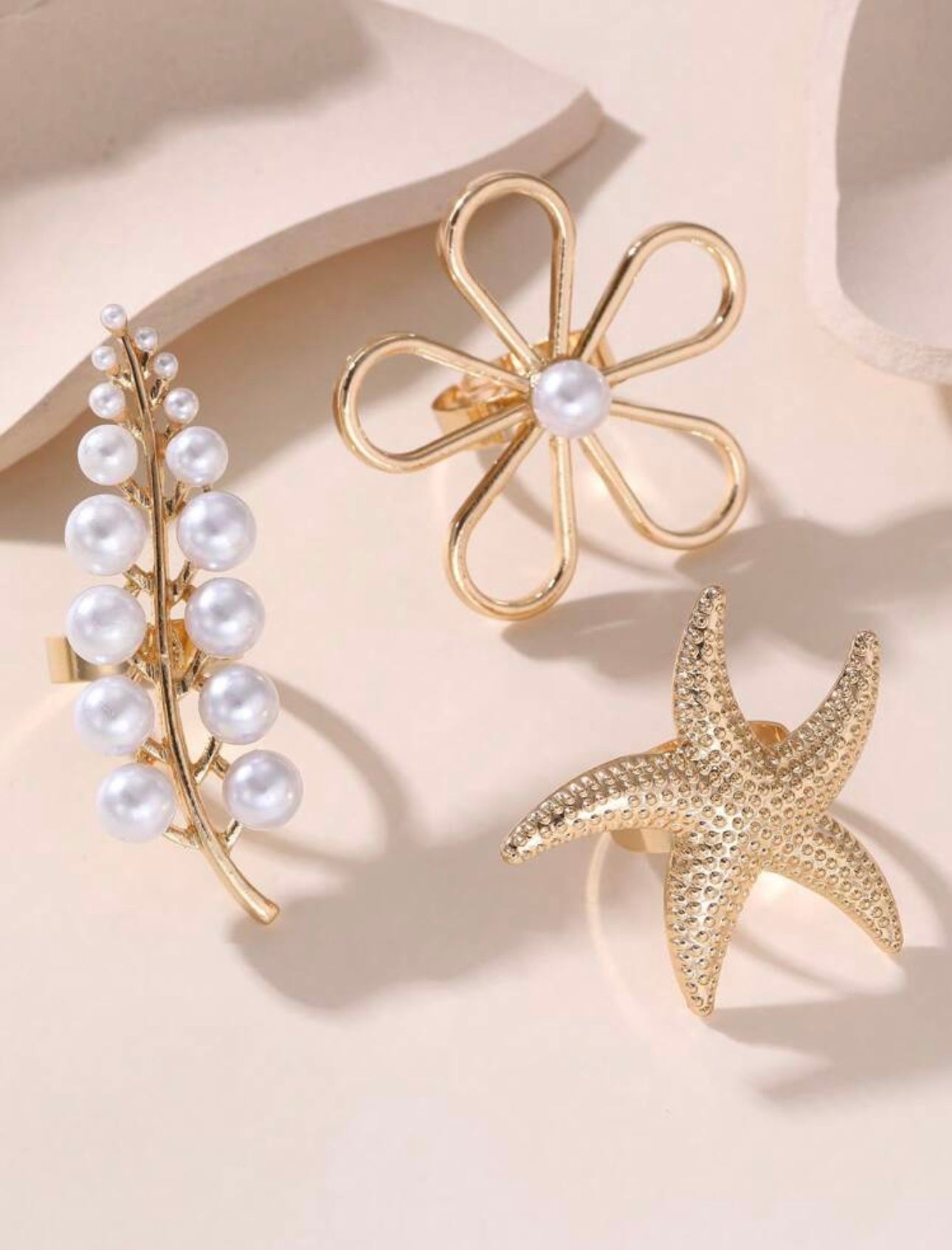 3 pc Trendy Exaggerated Metal Luxe Flower, Wheat Ear & Starfish Shaped Ring