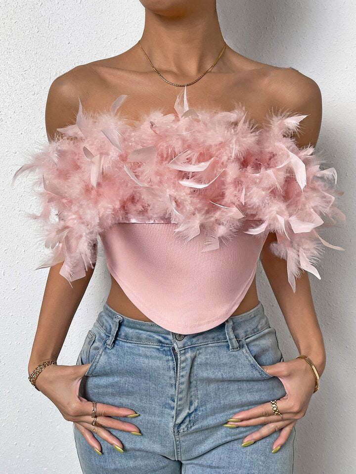 BAE Contrast Fuzzy Asymmetrical Hem Crop Tube Top