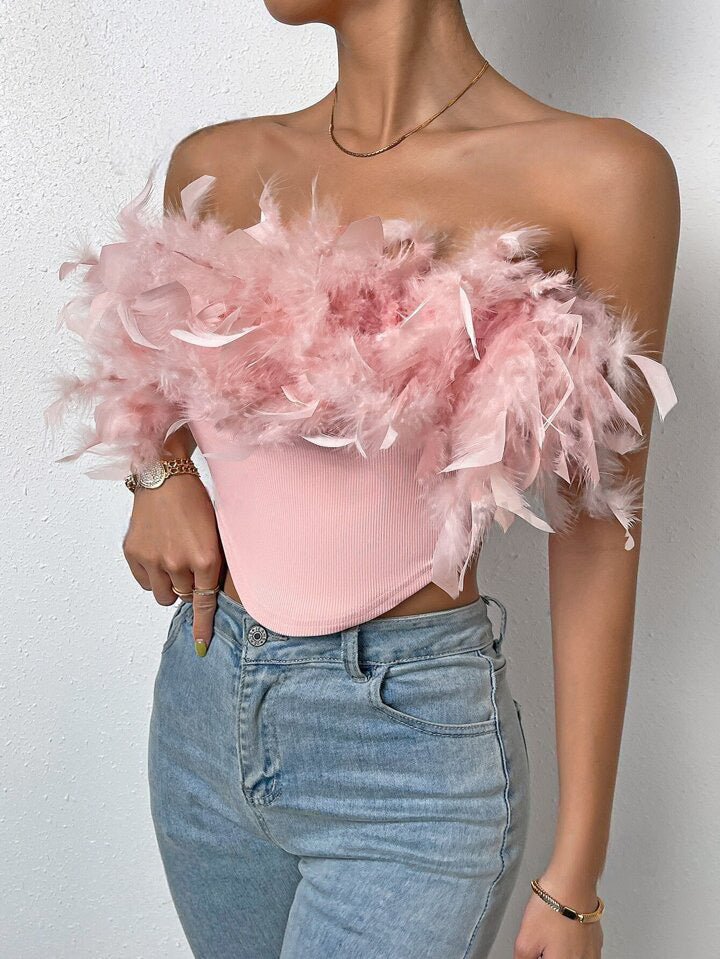 BAE Contrast Fuzzy Asymmetrical Hem Crop Tube Top