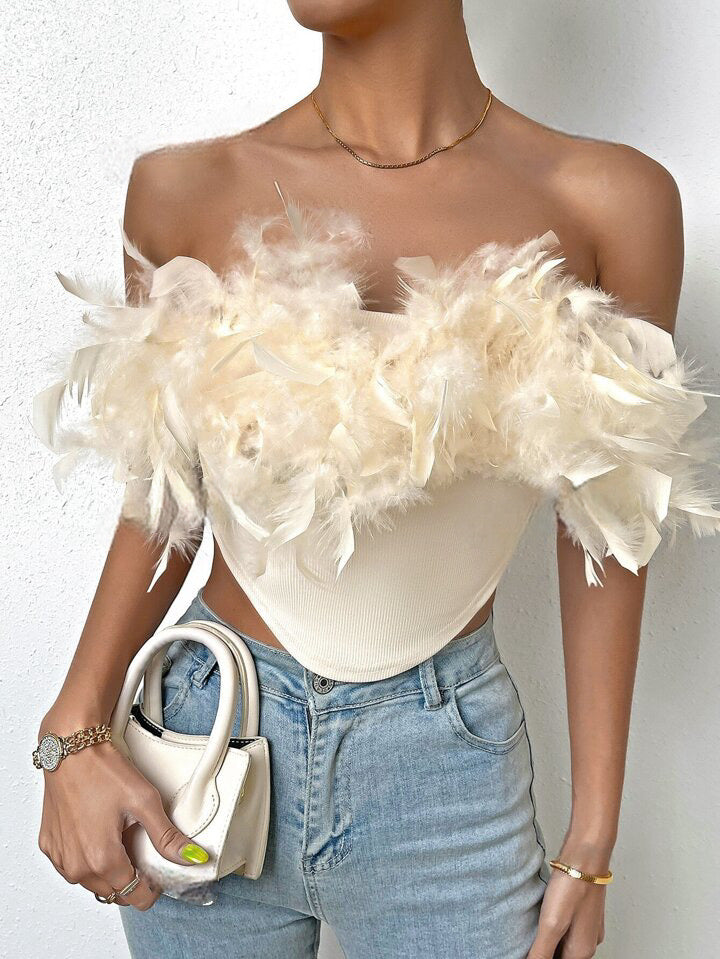 BAE Contrast Fuzzy Asymmetrical Hem Crop Tube Top